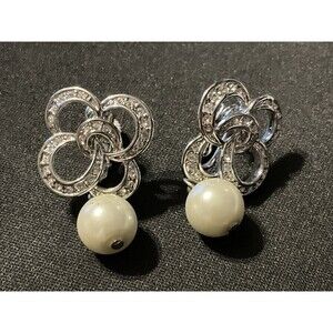 Artini Vintage Crystal Faux Pearl Screw Back Earrings Signed